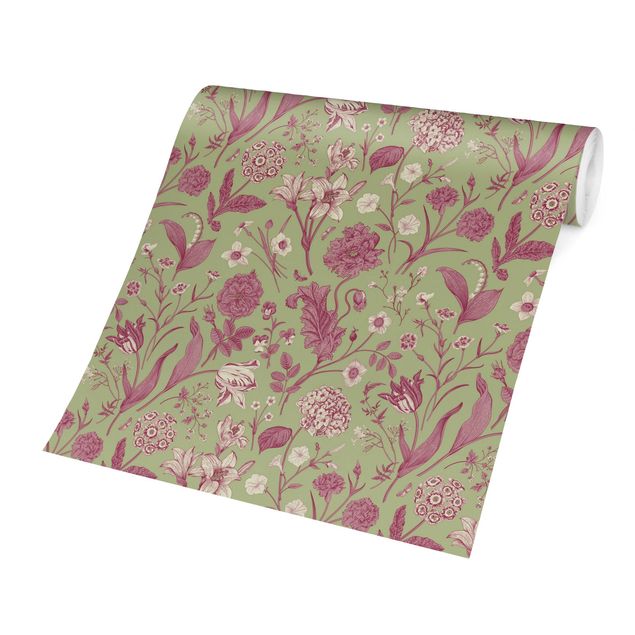 Papel de parede rosa Flower Dance In Mint Green And Pink Pastel