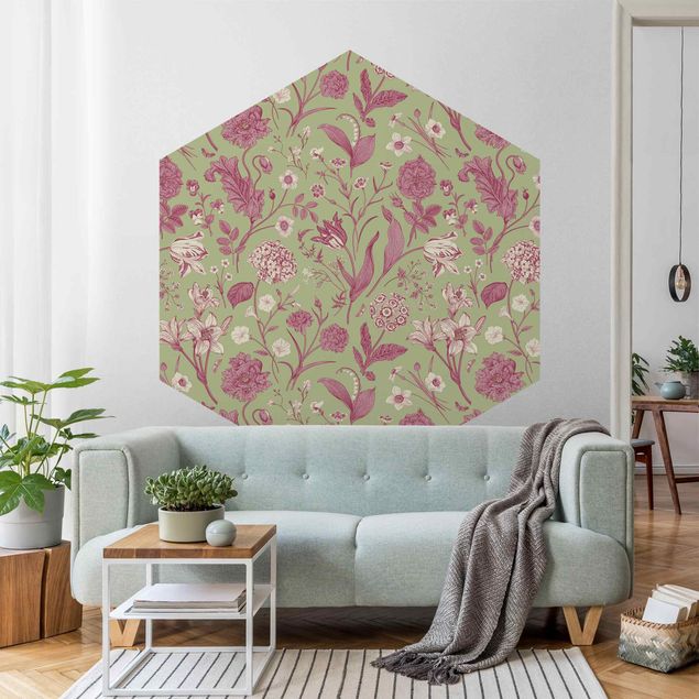 papel parede vintage Flower Dance In Mint Green And Pink Pastel