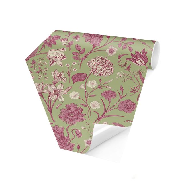papel parede rosa Flower Dance In Mint Green And Pink Pastel