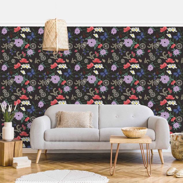 Papel de parede borboletas Field Of Flowers On Black Background - Roll
