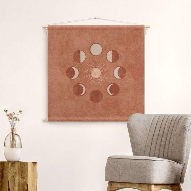 Tapeçaria de parede mandala Boho Phases Of the Moon With Sun