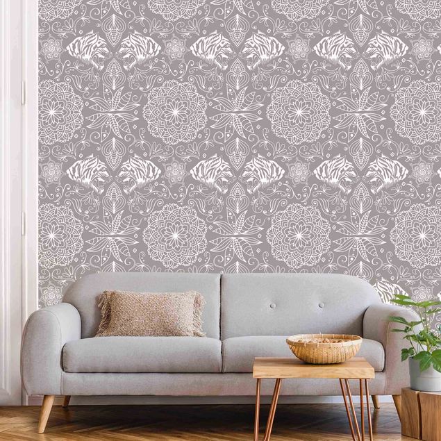 Papel de parede padrões Boho Tiger Pattern With Mandala In Warm Grey