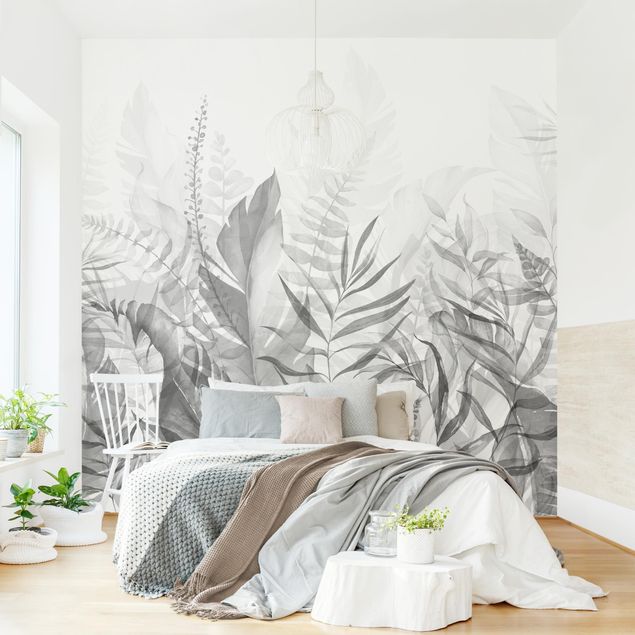 papel de parede moderno para sala Botany - Tropical Leaves Grey