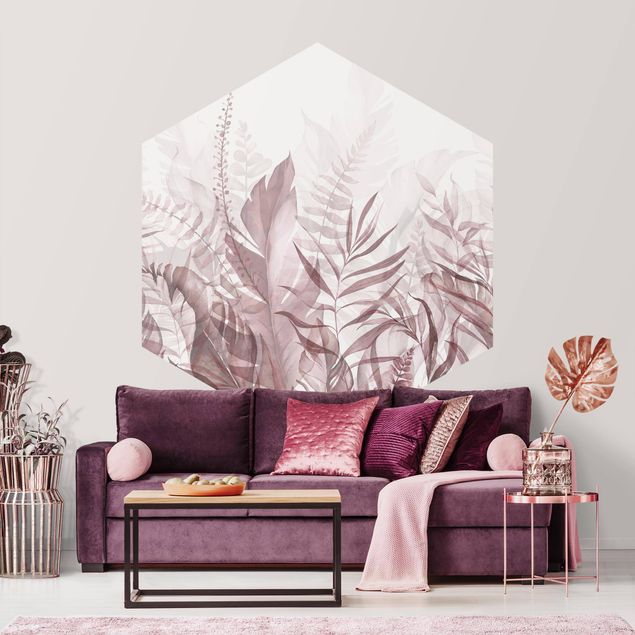 Papel de parede hexagonal Botany - Tropical Leaves Pink