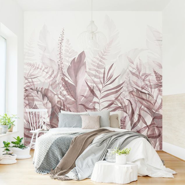 papel de parede moderno para sala Botany - Tropical Leaves Pink