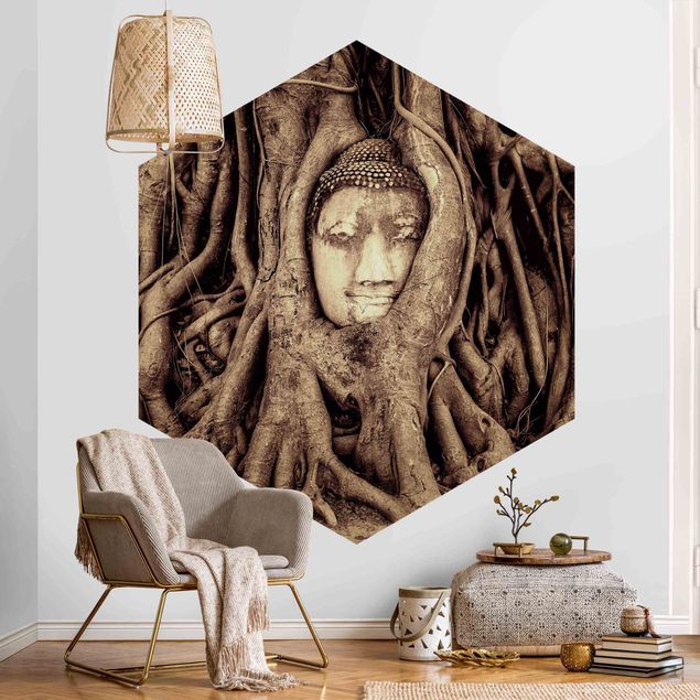 papel de parede floresta tropical Buddha In Ayutthaya Lined With Tree Roots In Brown