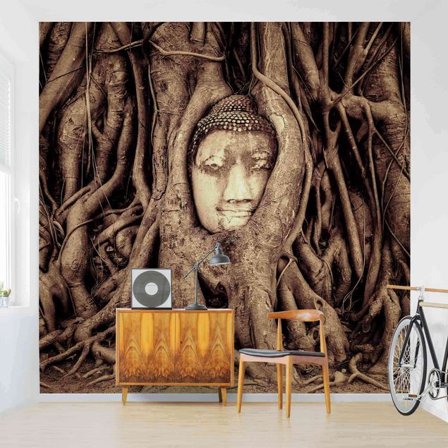 Papel de parede vintage Buddha In Ayutthaya Lined From Tree Roots In Brown
