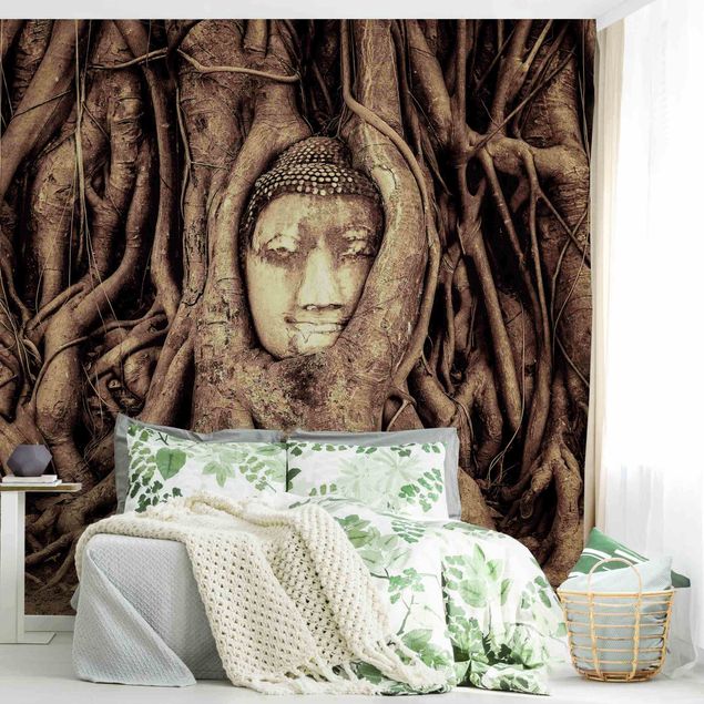 Papel de parede florestas Buddha In Ayutthaya Lined From Tree Roots In Brown
