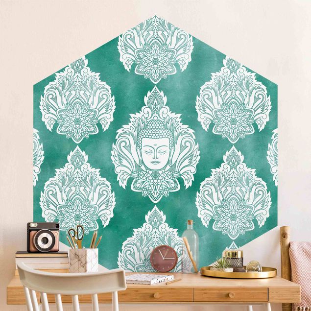 Papel de parede padrões Buddha And Lotus Emerald Pattern