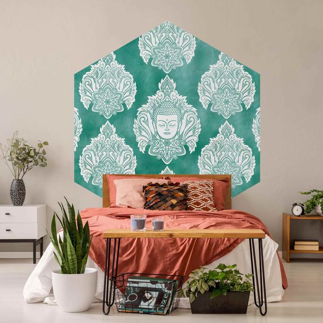 papel de parede moderno Buddha And Lotus Emerald Pattern