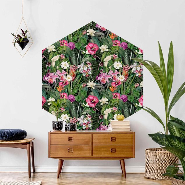 papel de parede moderno Colourful Tropical Flowers Collage