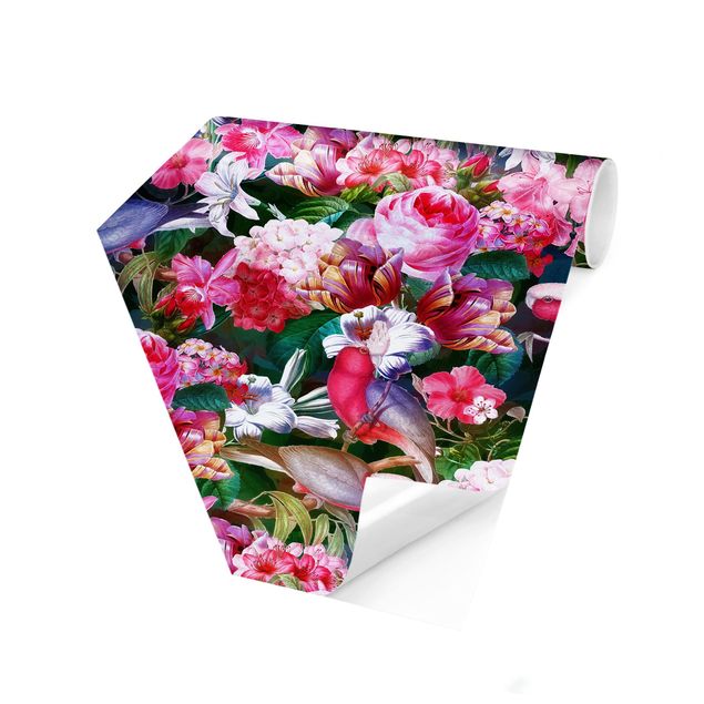 papel de parede moderno Colourful Tropical Flowers With Birds Pink