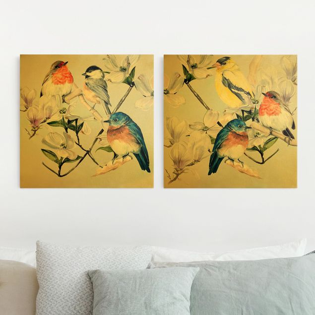 Telas decorativas aves Clolourful Birds On The Branch Of A Magnolia Set