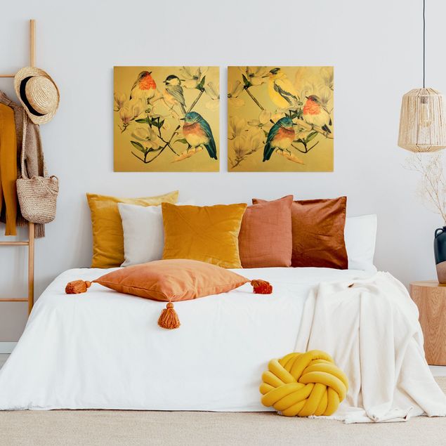 quadros modernos para quarto de casal Clolourful Birds On The Branch Of A Magnolia Set