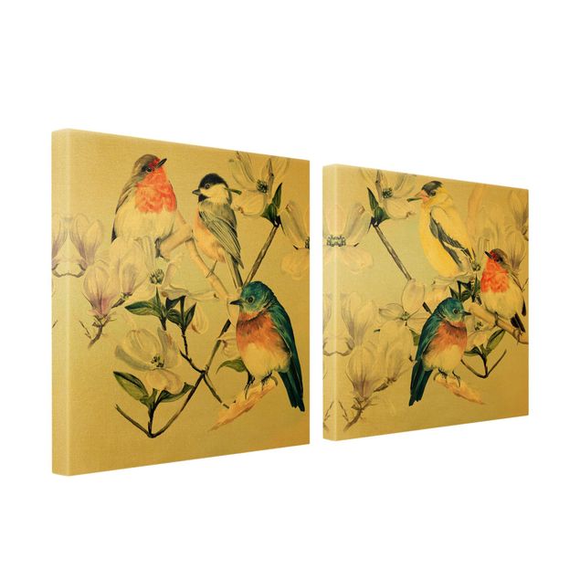 decoração quadros Clolourful Birds On The Branch Of A Magnolia Set