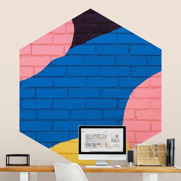 papel de parede imitando pedra Colourful Brick Wall In Blue And Pink