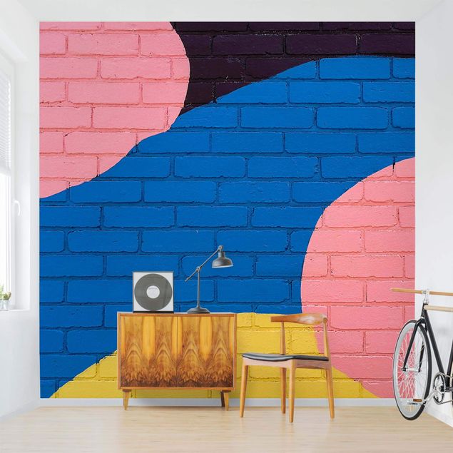 papel de parede imitando pedrinhas Colourful Brick Wall In Blue And Pink