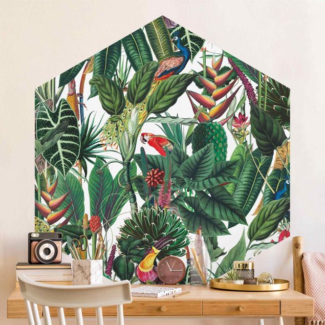 Papel de parede pássaros Colourful Tropical Rainforest Pattern