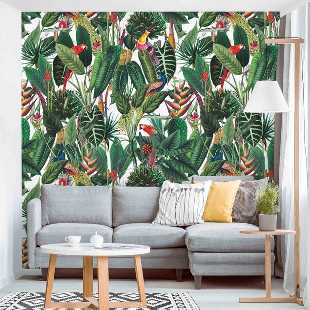 Papel de parede pássaros Colourful Tropical Rainforest Pattern