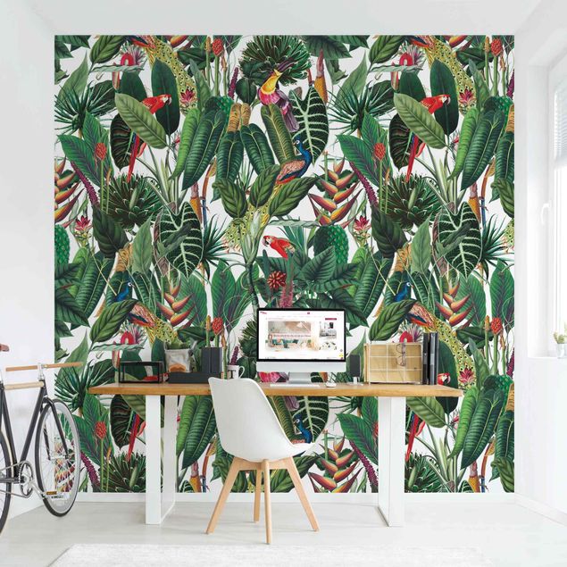 papel de parede moderno para sala Colourful Tropical Rainforest Pattern