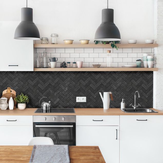 Backsplash de cozinha imitação azulejos Marble Fish Bone Tiles - Black Dark Joints