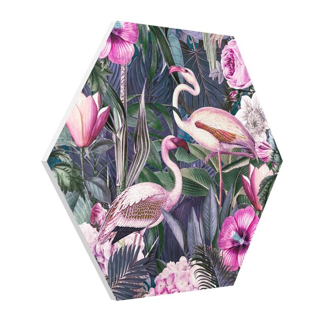 quadros de flores Colorful Collage - Pink Flamingos In The Jungle