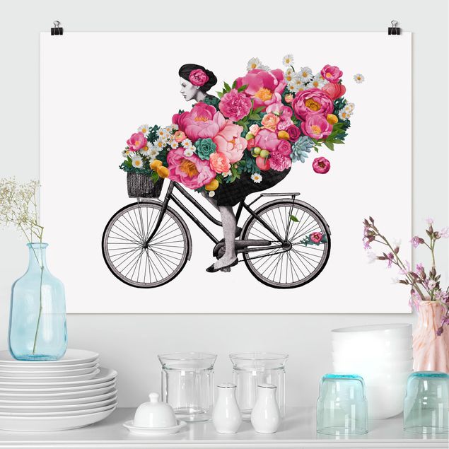 Posters flores Illustration Woman On Bicycle Collage Colourful Flowers