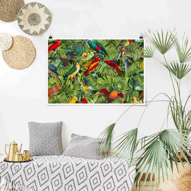 Posters flores Colourful Collage - Parrots In The Jungle