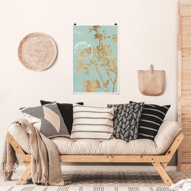 Posters flores Golden Leaves On Turquoise II