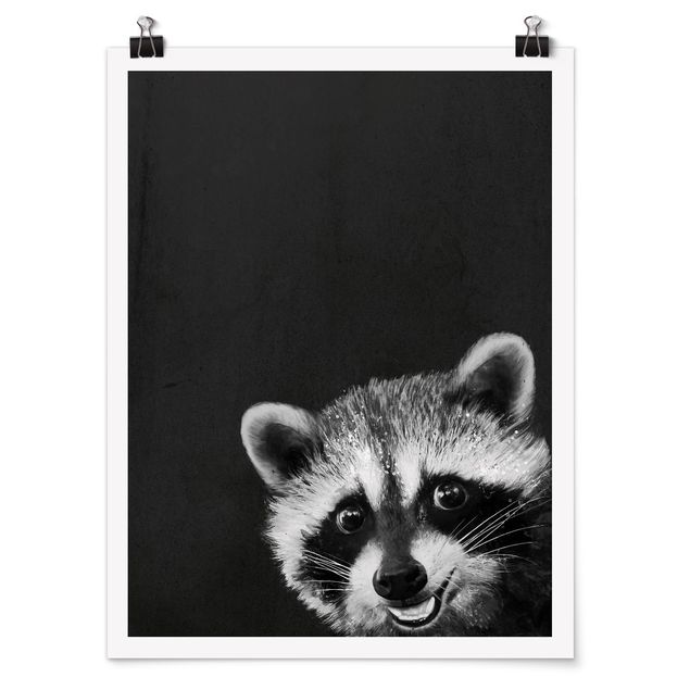 Posters quadros famosos Illustration Racoon Black And White Painting