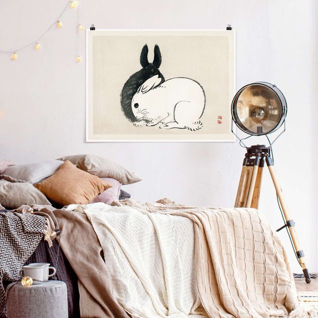Posters em preto e branco Asian Vintage Drawing Two Bunnies