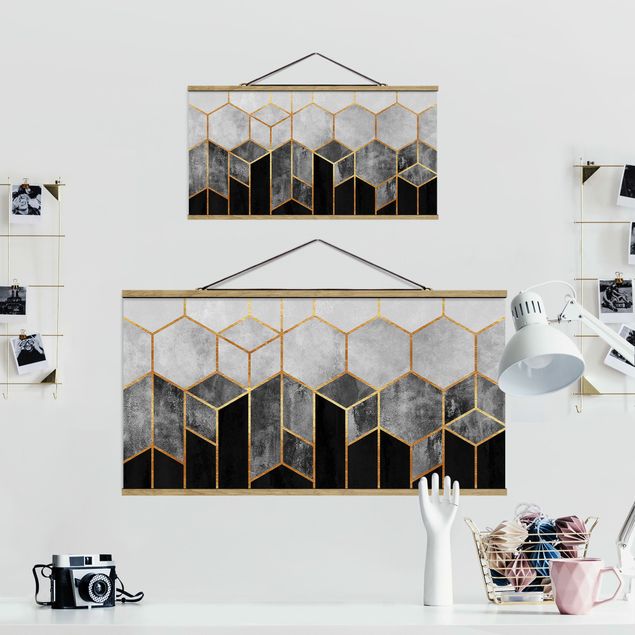 quadros para parede Golden Hexagons Black And White