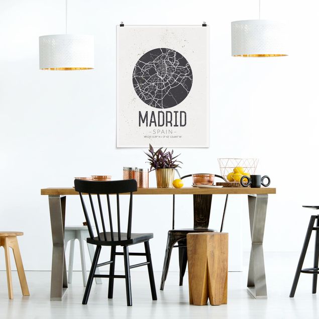 Posters em preto e branco Madrid City Map - Retro