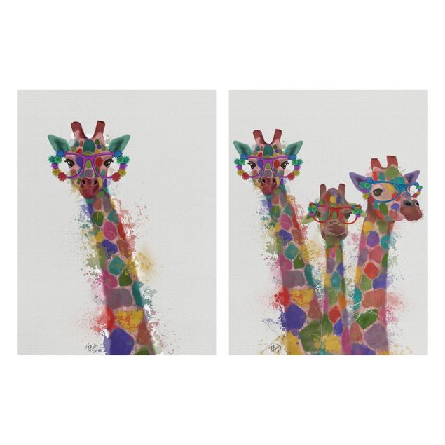 quadros modernos para quarto de casal Rainbow Splash Giraffes Set I