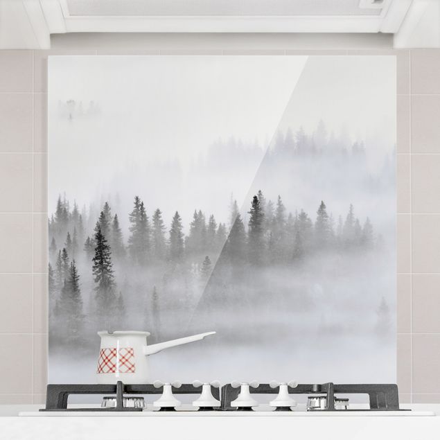 decoraçao para parede de cozinha Fog In The Fir Forest Black And White