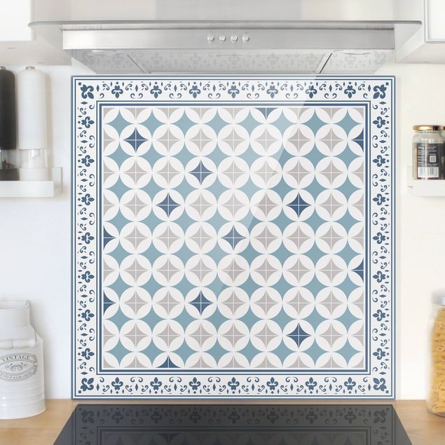 decoraçao cozinha Geometrical Tiles Circular Flowers Dark Blue With Border
