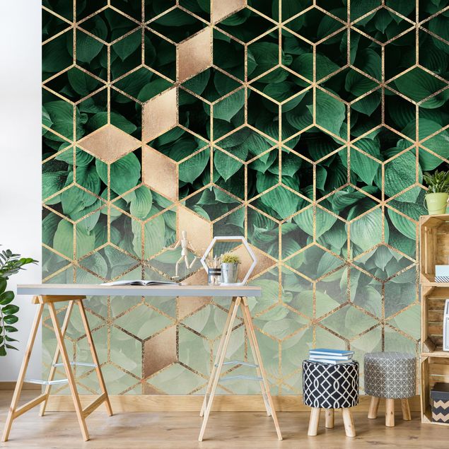 papel de paredes 3d Green Leaves Golden Geometry