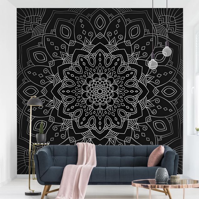 papel de parede moderno para sala Mandala Flower Pattern Silver Black