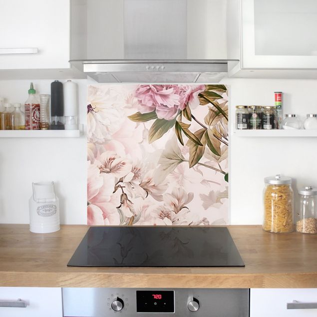 Painel anti-salpicos de cozinha flores Illustrated Peonies In Light Pink