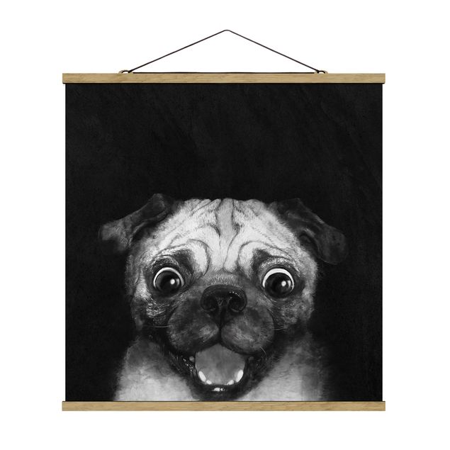quadros decorativos para sala modernos Illustration Dog Pug Painting On Black And White