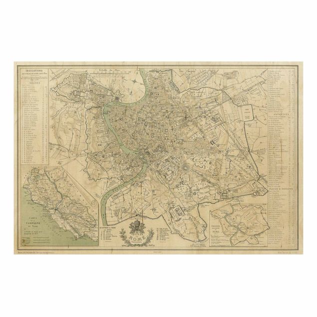 Quadros em madeira vintage Vintage Map Rome Antique