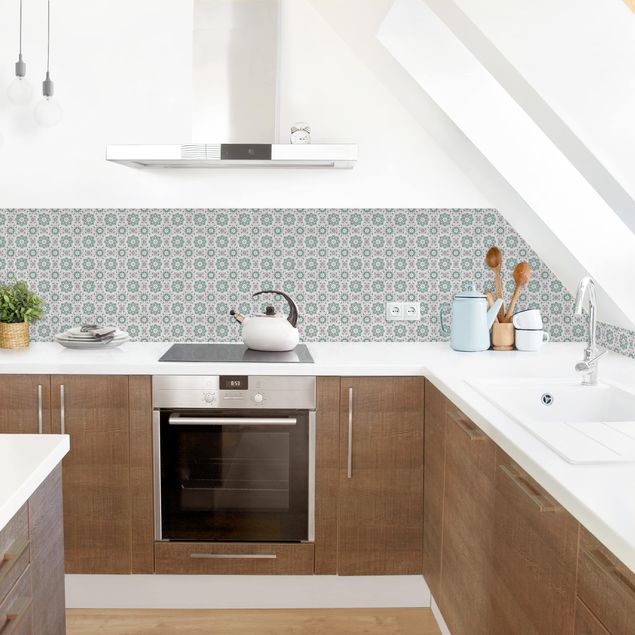 Backsplash de cozinha imitação azulejos Floral Tiles Turquoise Light Pink