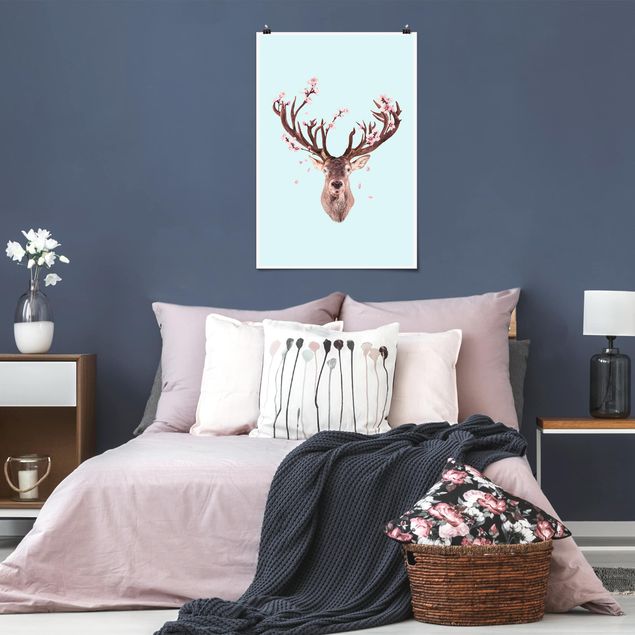 Posters flores Deer With Cherry Blossoms