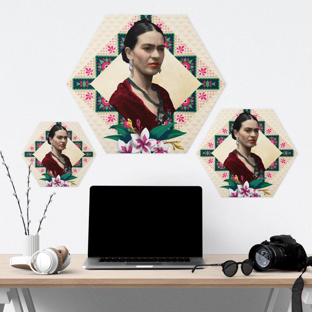 Quadros hexagonais Frida Kahlo - Flowers And Geometry