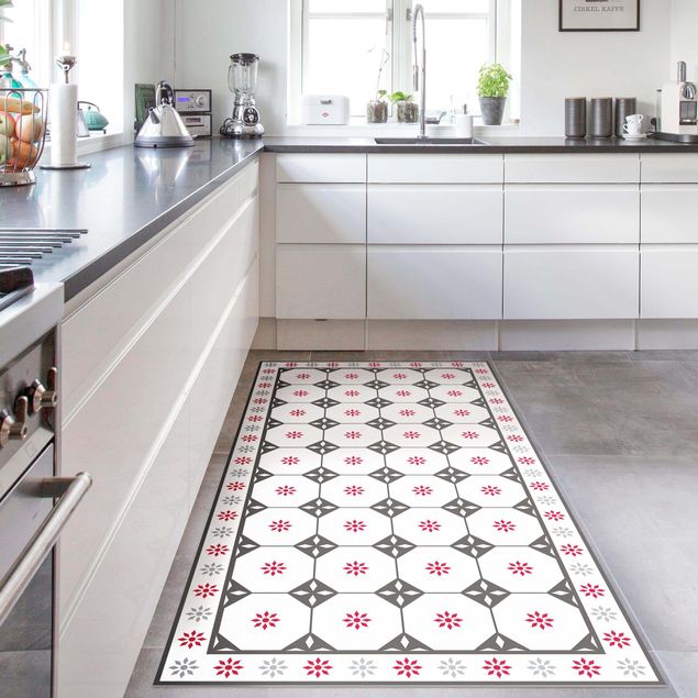 passadeiras tapetes Geometrical Tiles Cottage Grey Red With Border