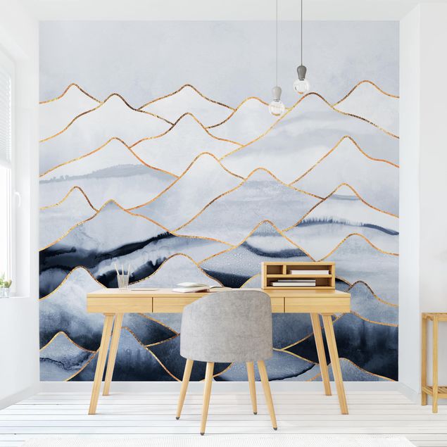 papel de parede moderno para sala Watercolour Mountains White Gold