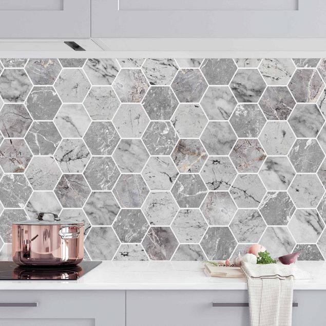 decoraçao para parede de cozinha Marble Hexagon Tiles - Grey