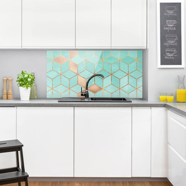 Painel anti-salpicos de cozinha padrões Turquoise White Golden Geometry