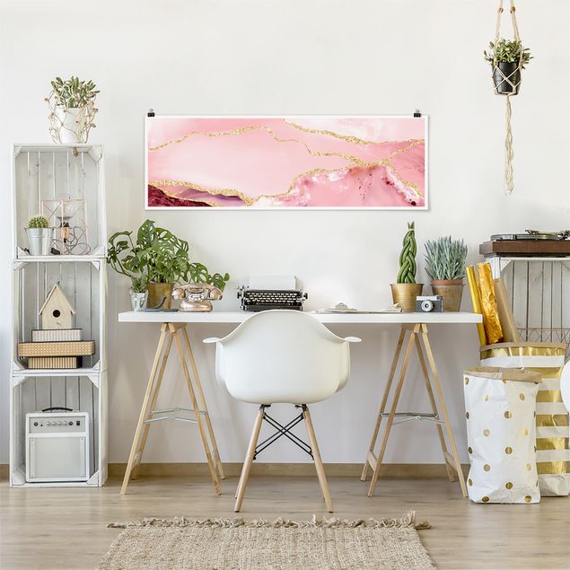 Posters quadros famosos Abstract Mountains Pink With Golden Lines