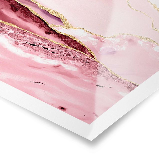 Quadros rosas Abstract Mountains Pink With Golden Lines